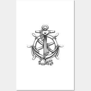 Anchor and ships wheel tattoo in engraving style Posters and Art